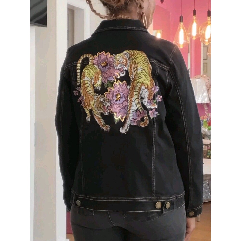 DG2 Diane Gilman 30th Anniversary Black Denim Jacket Embroidered Tiger Small NWT